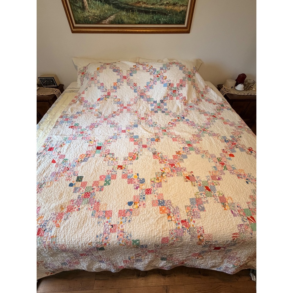 Antique 1930s Feed Sack Postage Stamp Irish Chain Quilt Hand Stitched 73x89